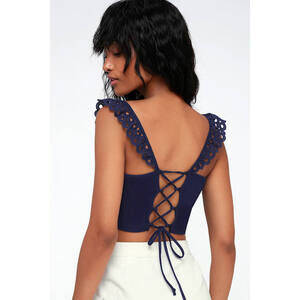 Lulus Paramount Navy Blue Eyelet Lace-up Crop Top - Size Small